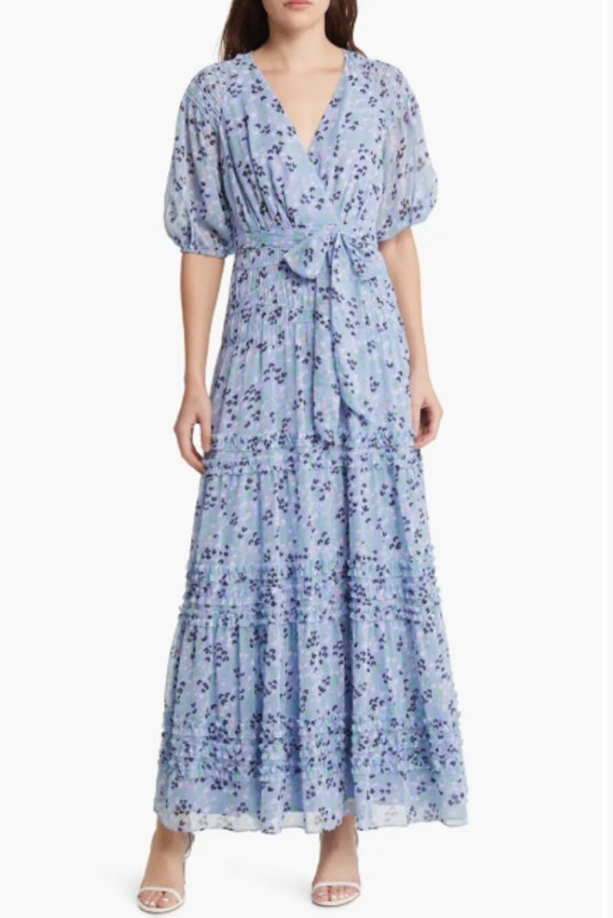 TED BAKER Womens Blakeli Floral Dress TED 0 US 2 Blue Smocked Puff Sleeve NWOT